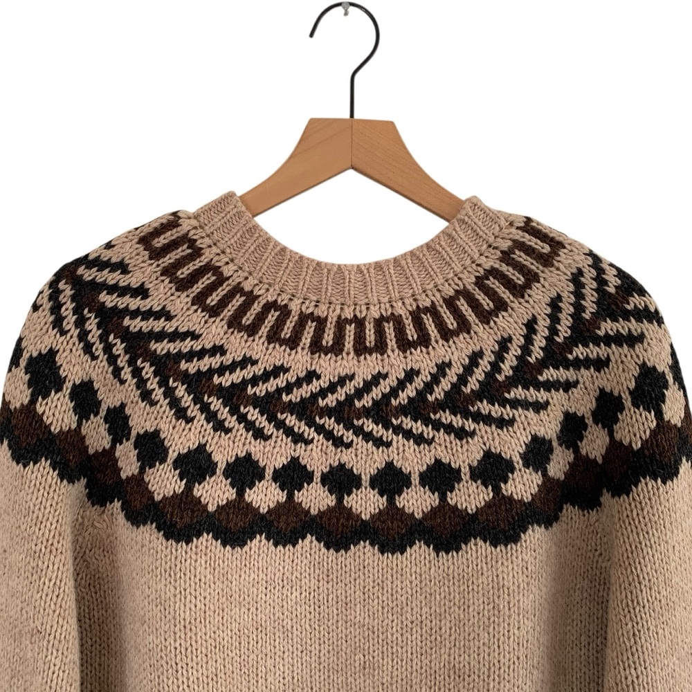 Y2K Free People Tan & Black Wool Blend Fair Isle Yoke Oversized Crewneck Sweater - Picture 3 of 8